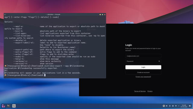 Scrot showing a distrobox and the application in Fedora pkg format that has been exported from it. All on Chimera Linux.