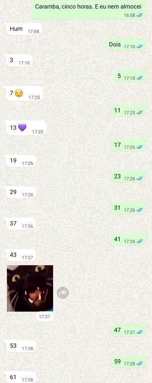 Captura de tela de uma conversa de WhatsApp com mensagens alternadas entre os lados esquerdo e direito. A primeira mensagem, no topo à direita, diz: "Caramba, cinco horas. E eu nem almocei". A resposta é um "Hum", que é respondido por um "2", respondido por um "3" e por um "5". A troca de mensagens continua com cada lado completando a sequência com o próximo número primo, até chegar no número 61.