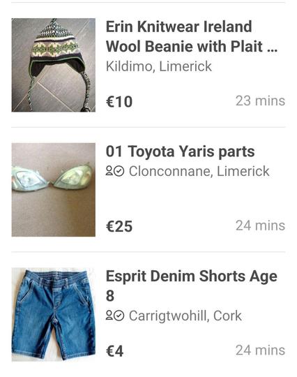 Three sequential ad listings from adverts.ie showing, starting at the top, 
1. A Peruvian hat with the tassels 
2. A set of Toyota Yaris headlights that look a lot like a pearlescent white swimsuit top or bra 
3. A pair of jorts