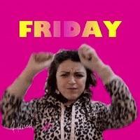 A moving image, a gif, of a woman dancing with the text FRIDAY on top of the image