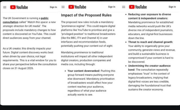 The UK Government is running a public consultation called "Watch this space: a new strategic direction for UK media". The proposals include mandatory changes to how content is discovered on YouTube. This could direct audiences away from your channel.

As a UK creator, this directly impacts your future. Digital content discovery works best when driven by user choice, not legal requirements. This is a vital window for you to share your perspective before the consultation closes on 31 August 2026
…