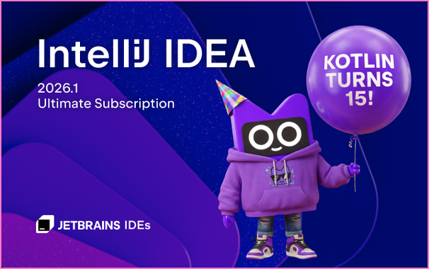IntelliJ IDEA splahs screen with the Kotlin mascot holding a ballon that reads "Kotlin Turns 15!"