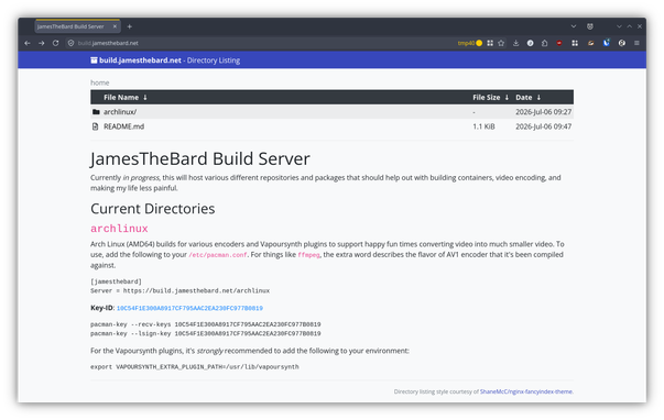 A screen shot of the Archlinux build server showing the archlinux directory and instructions on how to use the repository.