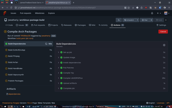 The repo build pipeline running after mass changes and updates in Forgejo.