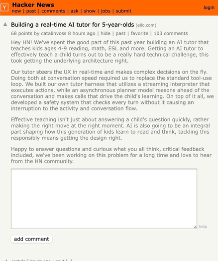 Hay una captura de pantalla de un comentario en Hacker news en el que una persona cuenta que está usando una IA para tutelar a su hijo de 5 años.