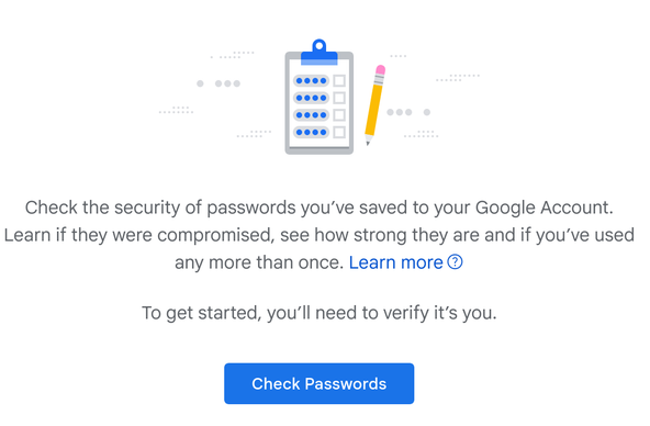 Google webpage with Check passwords link