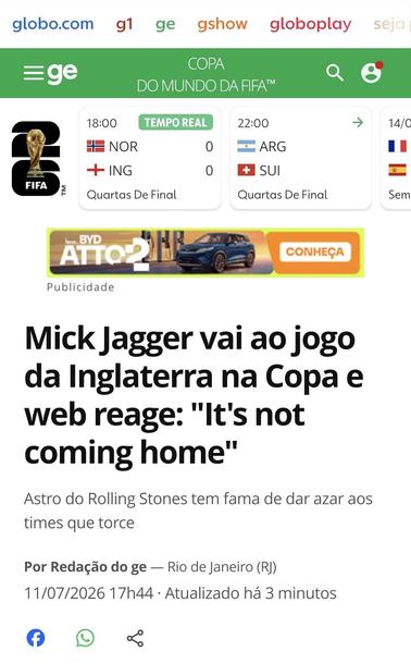 Imagem de uma notícia do G1 na qual se lê: 'Mick Jagger vai ao jogo da Inglaterra na Copa e web reage: "It's not coming home"
Astro do Rolling Stones tem fama de dar azar aos times que torce'