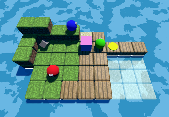 Screenshot of a work-in-progress game, birds-eye-view perspective showing several coloured spheres and other basic shapes placed on a blocky voxel-style platform. The platform surface resembles a mix of grass, sand, and wood, and the surrounding space is filled with a blue texture resembling water.