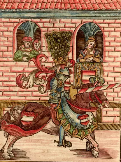 Barevná ilustrace z (asi historické) knihy se středověkým rytířem v plné zbroji, s ozdobami a dřevcem na koni. V pozadí stěna budovy se dvěma okny s dalšími 3 postavami.