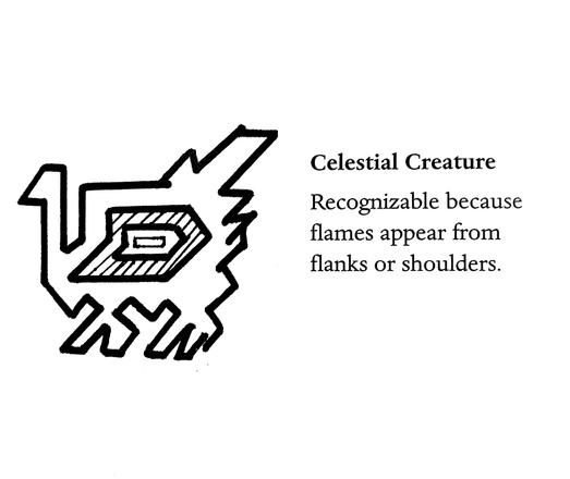 Celestial creature: Recognizable because flames appear from flanks or shoulders.