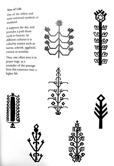 Tree of life: one of the oldest and most universal symbols of mankind.

It supports the sky, and provides a path from earth to heaven. In different cultures it is called by names such as haoma, asherak, yggdrasil, irminsu or asvattha.

Thus, one often sees it in prayer rugs, as a reminder of the passage from this existence into a higher life.
