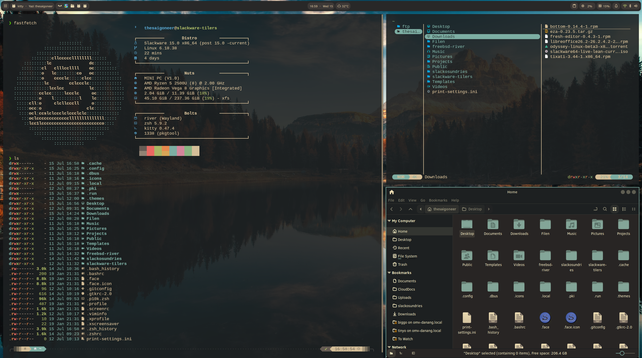 Scrot of Slackware Current, running the River Classic wm. With several terminal windows, running eza, yazi and fastfetch, plus Nemo.