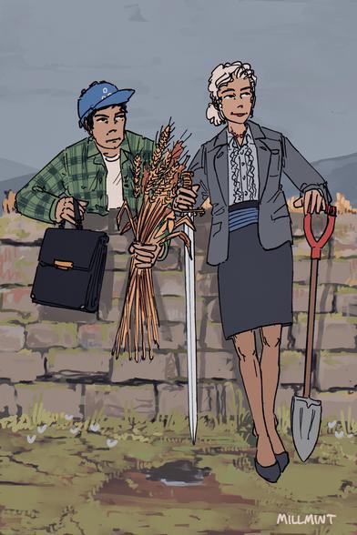 productivity symbolism, shovel sword wheat bag