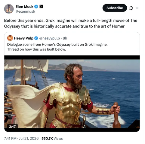 Un twitt de Musk con una capura de pantalla de un frame de una película hecha mediante su nefasta IA en la que se aprecia que el barco avanza hacia popa pero las velas están por detrás del mástil, indicando que el viento viene de popa.