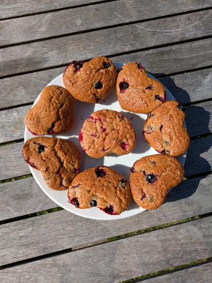 Foto eines weißen Tellers mit acht herzförmigen Muffins, man erkennt die eingesunkenen Beeren in der Oberfläche.