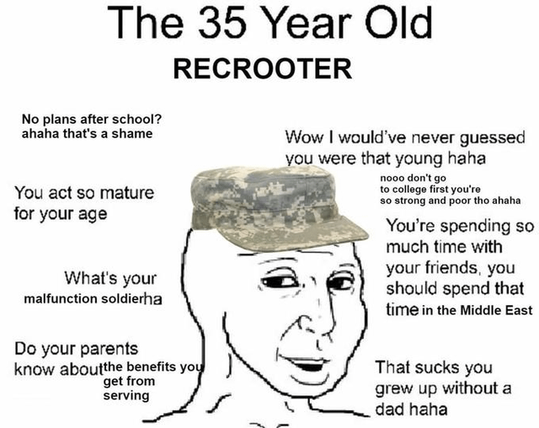 Military Recruiter meme showcasing their similarities to a stereotypical pedophile
