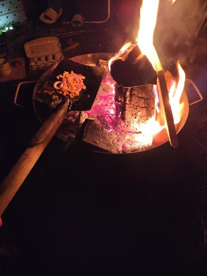 A campfire, corn and onions frying on a spade over the fire