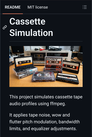 Cassette Simulation

maxell UD c90

maxell UD

OLO

SONY

SONYCHF6C

CHF

60

TDK 90

This project simulates cassette tape audio profiles using ffmpeg.

It applies tape noise, wow and flutter pitch modulation, bandwidth limits, and equalizer adjustments.