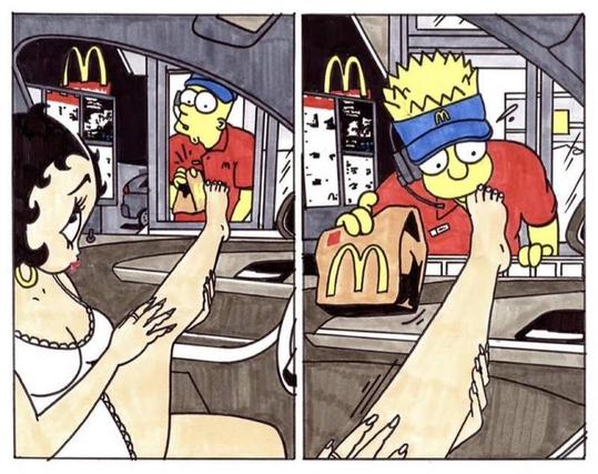 comic of bart simpson working at McDonald's and betty boop letting him suck her toes at the drive-thru as payment instead of money