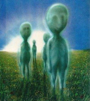 rounded green aliens with faces so smoothed they barely exist. I dont know the source of this image