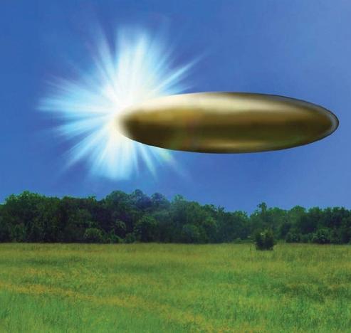 us department of defense illustration of an oval ufo flashing into reality above a green field