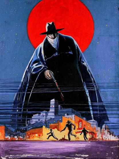 charles coll's art of pulp character the shadow larger than a city with his gun and cloak and hat
