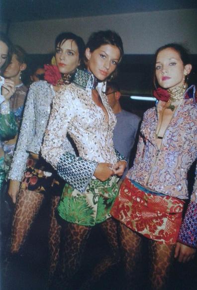 Dolce Gabbana spring summer 2000, 3 models in elaborate floral shirts and skirts