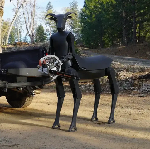 Se ve una especie de robot con forma de cabra con cuatro patas y dos brazos en los que sujeta una motosierra. Es negra, tiene cuernos y la cabeza es la típica representación que habría pintado Goya en sus pinturas negras.