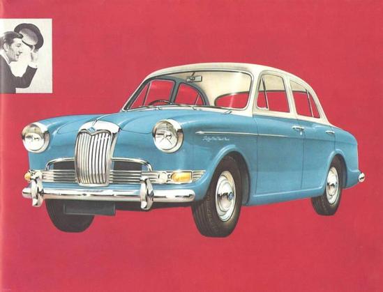 old brochure page featuring an illustration of a Riley One-Point-Five in a red void. Top left is a little black and white photo of a man raising his hat, prolly to the car which ig he can see somehow even though it's not in the photo with him
