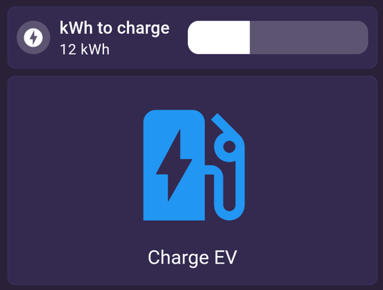 Home Assistant dashboard exposing a slider to choose a number of kilowatt-hours and a big button that dumps that number into the EV battery