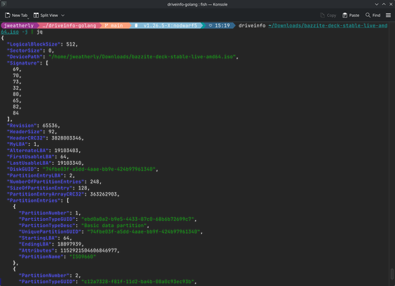 The JSON output of the GPT information of the Bazzite ISO from the `driveinfo` command.