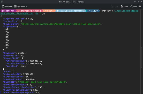 The JSON output of the `driveinfo` command showing the parsing of the Bazzite LiveISO as a GPT block device piped through the `jq` command.