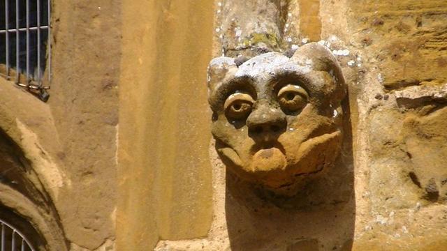 a cat like face carved on the hood mould label stop of a orange sandstone church window. i can go to bed now. goodnight, hope the bed bugs don't bite.