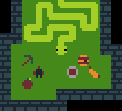 a snake and some puzzle game mechanics including a barrel a hole a pickaxe an apple a hotdog? and a player
