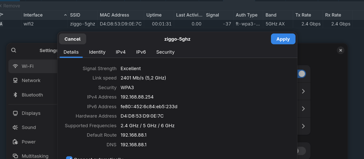 Shows a linux and ikrotik settings screen proving I have a 2.4 gbps wifi connection
