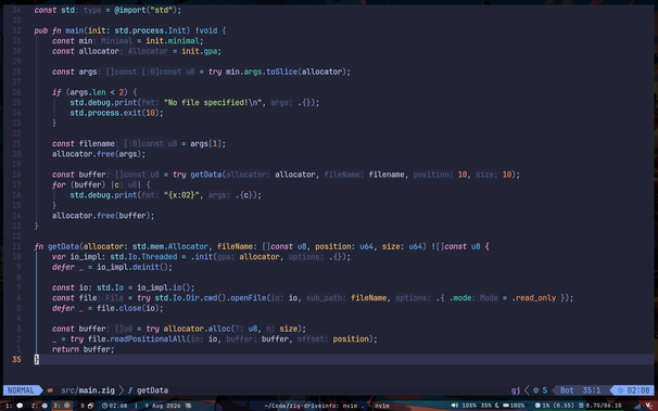 A screenshot of the Zig source code that I wrote running in Neovim that opens a file and reads 10 bytes from a file then prints it to a screen.