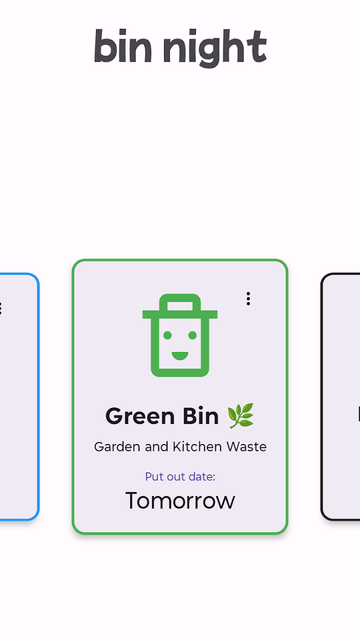 Screenshot of a "bin night" Android app, showing a jolly icon of a bin