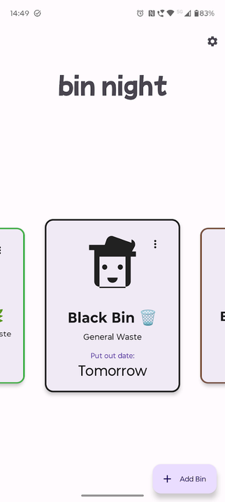 Screen shot from the "binnight" Android app, showing a jolly bin with a charming quiff!