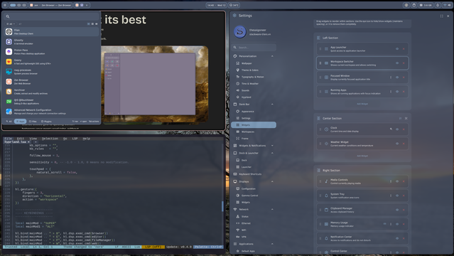 Scrot of Hyprland 0.56.2, Ghostty, Fresh editor, DankMaterialShell and Zen browser on Slackware Current