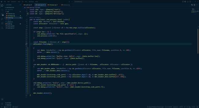 A screenshot of Zig code in VSCodium showing reading specific data at a given offset and copying it into a u8 slice thing while also not leaking memory.