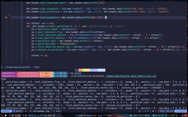 A screenshot of neovim with the primary partition parse code written in Zig.