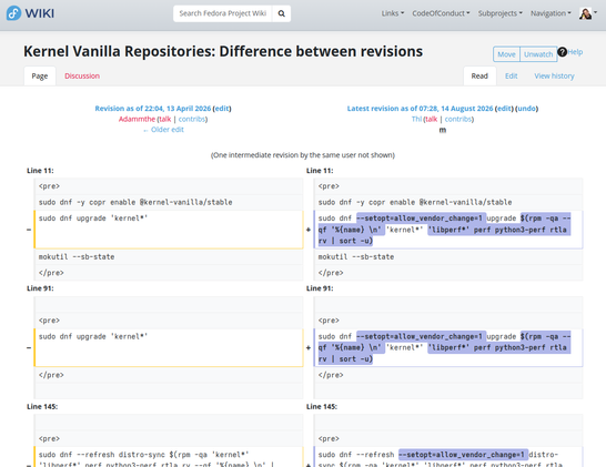 Screenshot of https://fedoraproject.org/w/index.php?title=Kernel_Vanilla_Repositories&diff=782646&oldid=767511