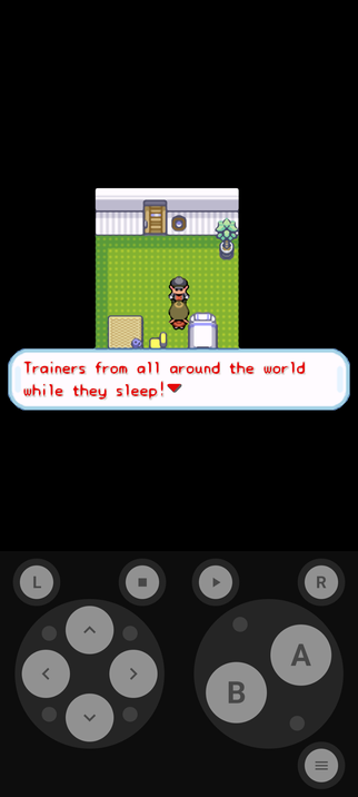 Screenshot from the ROM-Hack Pokemon Firered Team Rocket Edition. The player is on the M.S. Anne in the cabin for resting to heal the Pokemon. From the dialog bar, the NPC continues: " .. Trainers from all around the world while they sleep!"