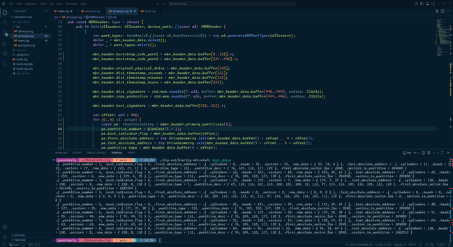 Source code in VSCodium showing part of the MBR partition processing section.  The bottom pane shows the current partition struct output from the run against a test file with 3 primary and 4 extended partitions.