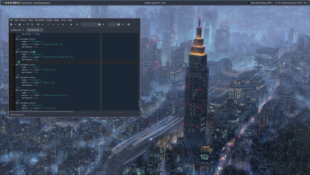 Scrot of a Geany window on Slackware Current & Hyprland, with Noctalia shell, defining some application window rules 
