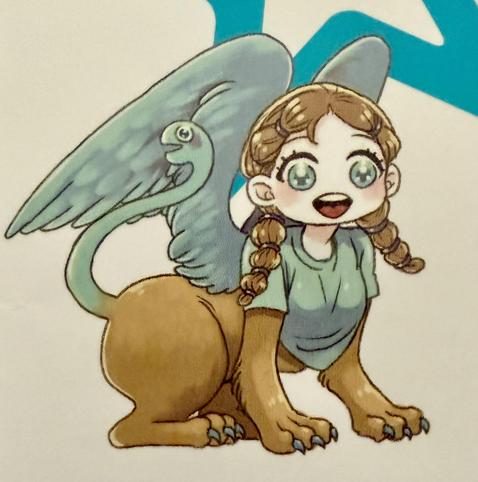 Chibi-style sphinx, with its adorable snake tail, lion lower body and wings, and a T-shirt over her upper human body because it’s an all-public manga