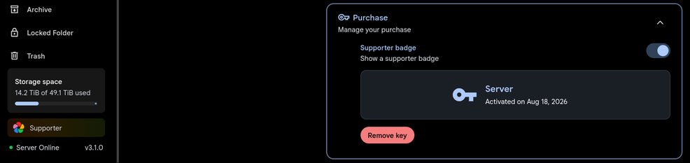 Screenshot showing I paid for this selfhosted immich instance. Thereby supporting the project long term.
