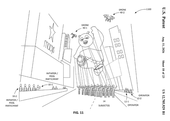 drones and operators and initiator and pool participant and macy's parade with a giant kung fu panda float