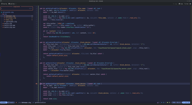 A screenshot of four functions that work together to get the LB/sector size and overall block device size in Zig.  Even better, it doesn't leak memory...