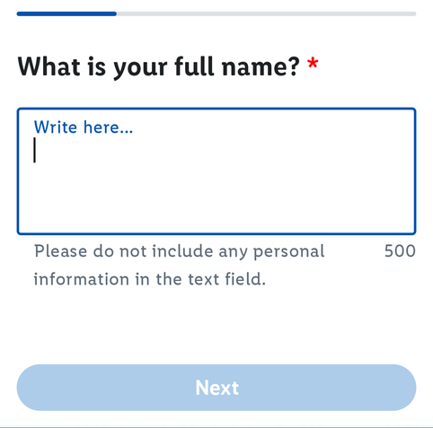 Form.
Header: "What is your full name?"
Text box: [Write here...]
Disclaimer text underneath: "Please do not include any personal information in the text field."